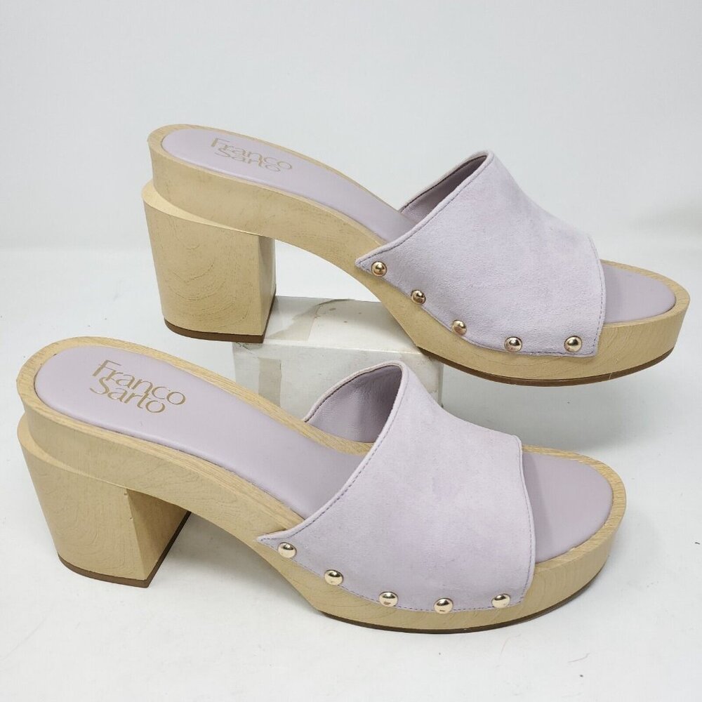 Franco Sarto Lavender Suede Studded Wood Block Heel Sandals